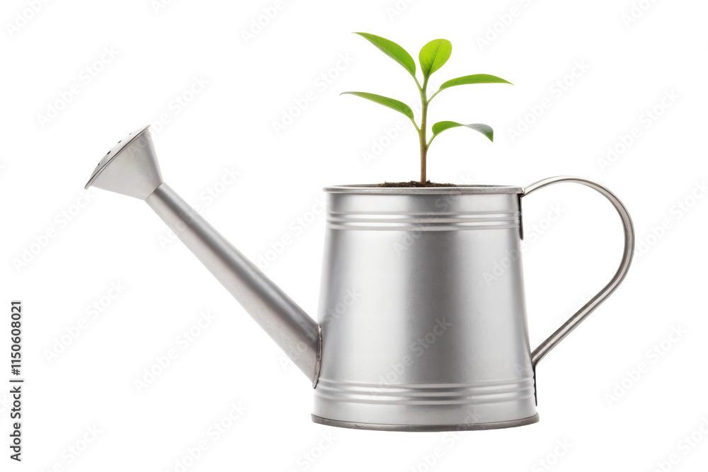 Watering can with a young plant growing inside, cut out - stock png. Watering can with a young plant growing inside, cut out - stock png.
