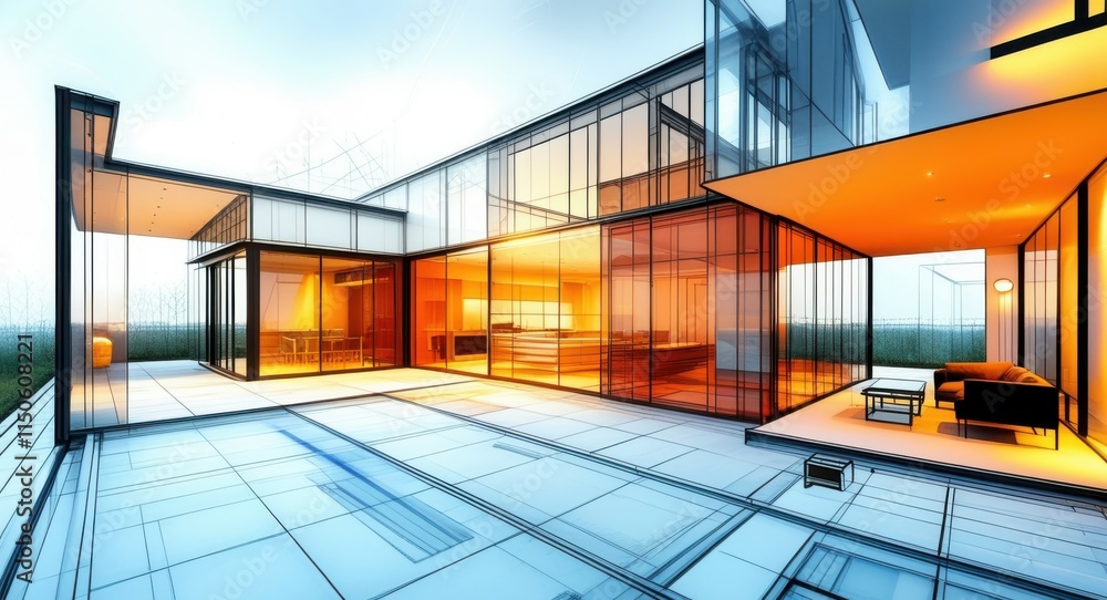 Fototapeta premium modern glass building exterior, sunset glow, reflective surfaces, minimalist architecture, open courtyard, geometric shapes, warm lighting, contemporary design, clean lines, large windows, empty space