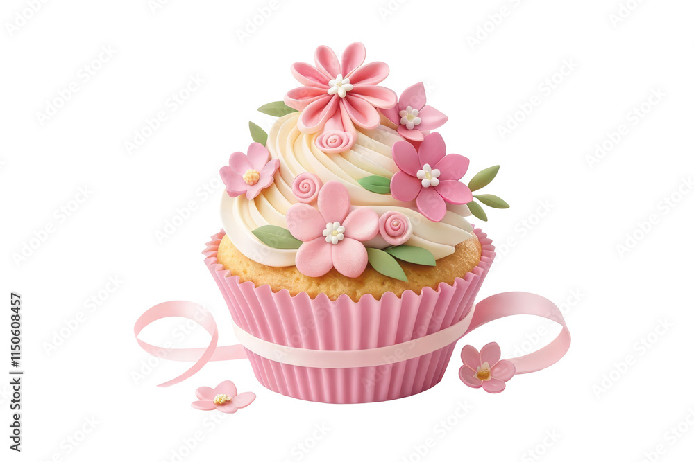 Beautiful cupcake decorated with pink flowers, cut out - stock png. Beautiful cupcake decorated with pink flowers, cut out - stock png.