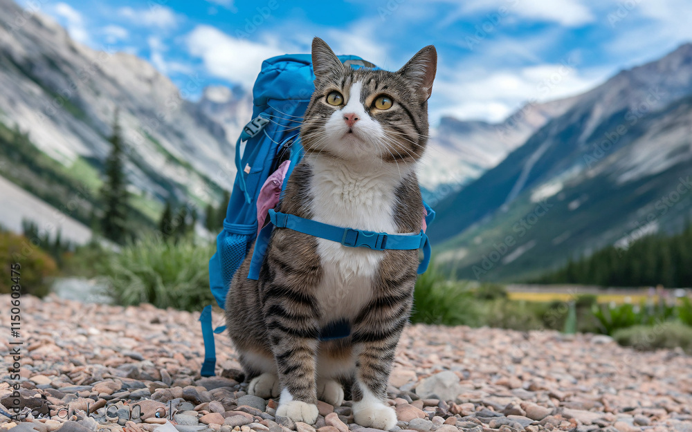 Obraz premium Tabby cat with backpack in mountains.