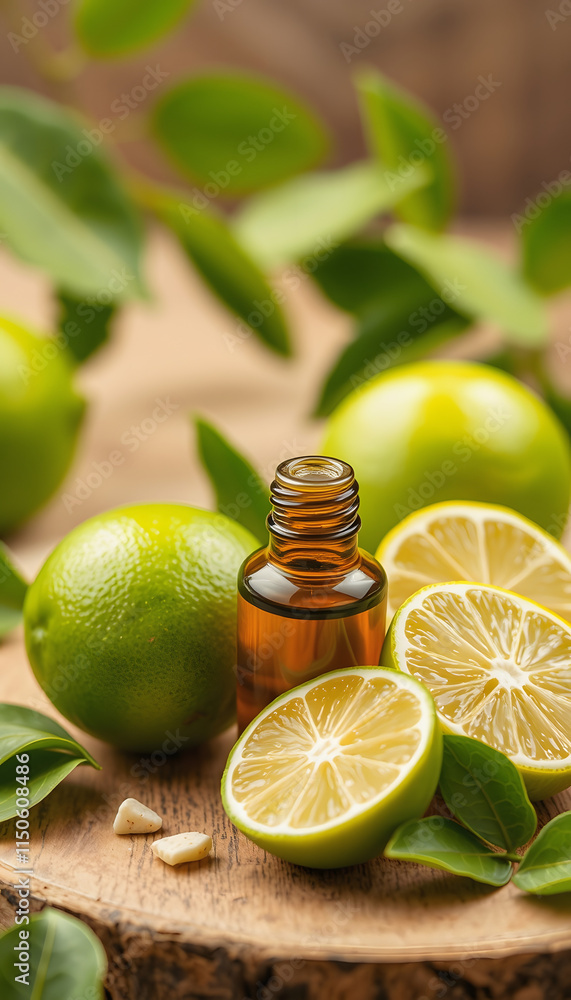 Lime extract vitamin C for skin treatment and remedies, acne and dark spots essential oil product, natural and organic beauty items, dinamic scene, with white tones Lime extract vitamin C for skin treatment and remedies, acne and dark spots essential oil product, natural and organic beauty items, dinamic scene, with white tones