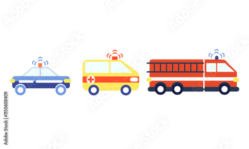 Simple vector set of emergency vehicles, including a police car, an ambulance, and a fire engine