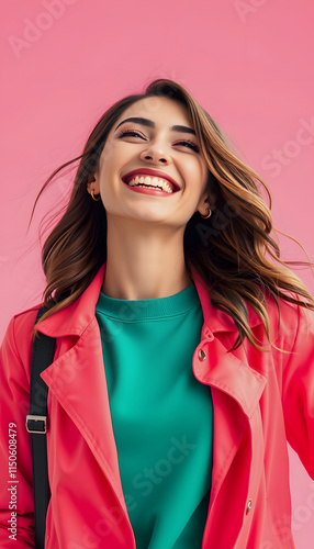 Happy ultra beauty business girl, who is smiling and laughing, wearing bright clothes. Bright solid background. created by  technology, Dynamic motion, with white tones