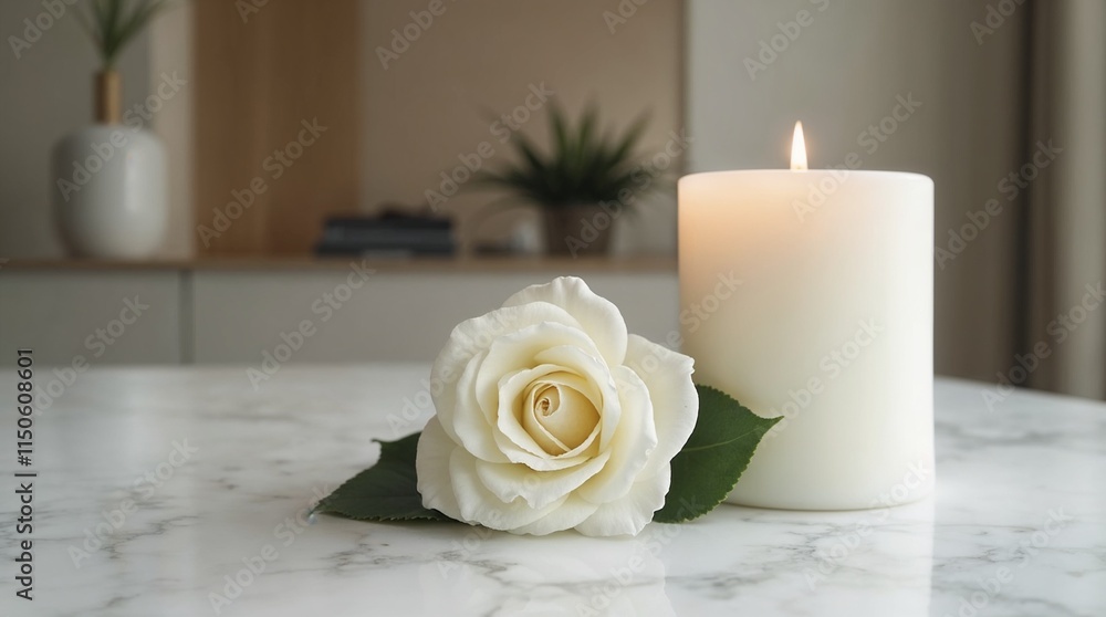 Obraz premium White candle and single rose on marble table