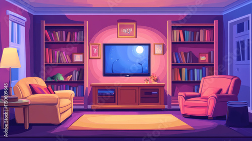 Wallpaper Mural Living room interior with rear view to sofa, chair and glowing tv screen at night. Vector cartoon illustration of lounge room with couch, plasma television and bookshelves Torontodigital.ca