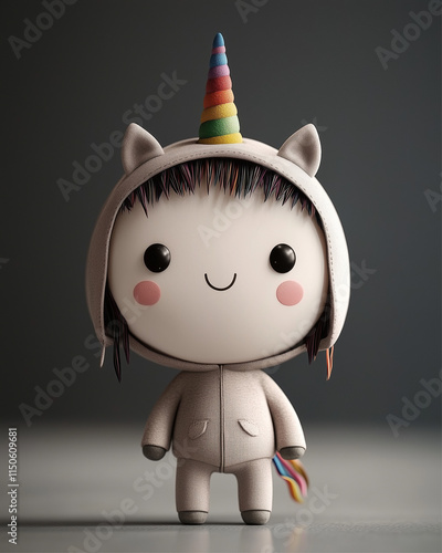 A playful unicorn plush toy dressed in a cozy unicorn outfit. photo