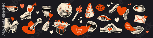 Love and Valentine's day halftone art collage cut outs set. Various paper clipping shapes, romantic stickers with vintage dotted texture and doodles Modern retro grunge mixed media vector illustration