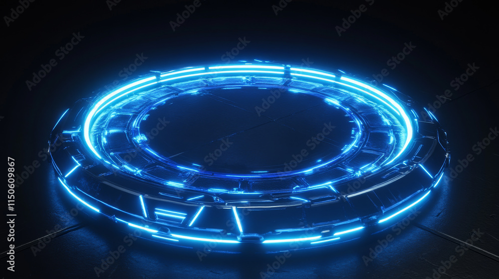 Fototapeta premium Futuristic circle portal glowing on black background. Vector realistic illustration of neon blue teleport with hologram effect, light beams. Virtual reality game design element. Sci-fi projector light