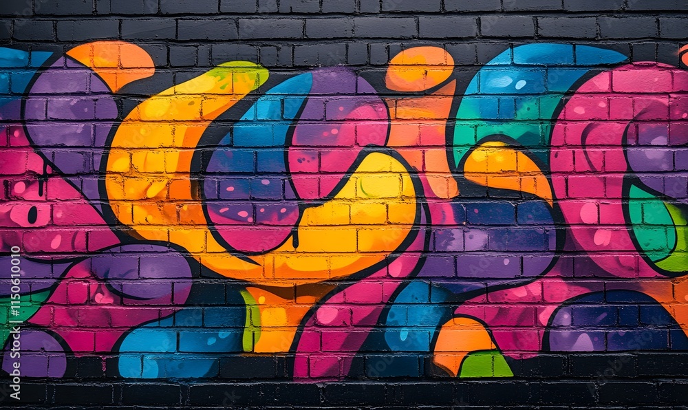 A black brick wall with vibrant graffiti art, combining the dark background A black brick wall with vibrant graffiti art, combining the dark background