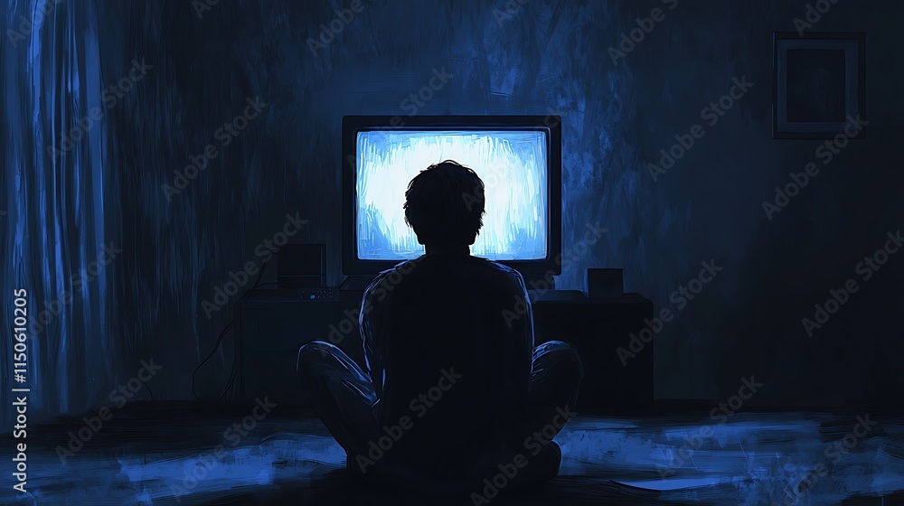 A man is sitting in a dark room in front of a television A man is sitting in a dark room in front of a television