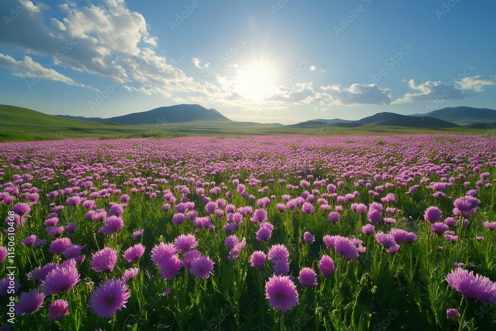 Obraz premium Purple flowers blooming in a field at sunset with mountains in background