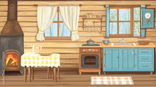 Abandoned old russian, ukrainian rural house with oven, dirty cupboard and table, torn curtains on the window. Vector cartoon illustration of empty wooden room, traditional russian kitchen with stove