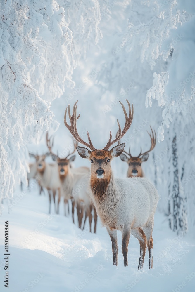 Majestic elk standing in snowy winter forest with herd Majestic elk standing in snowy winter forest with herd