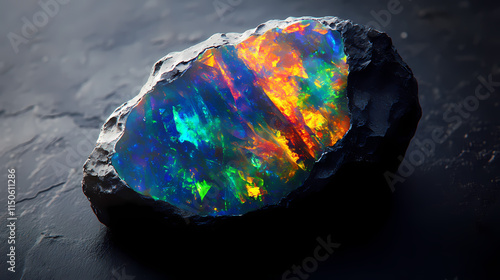 Black opal dark, fiery black opal with a stark black background. Opal. Illustration