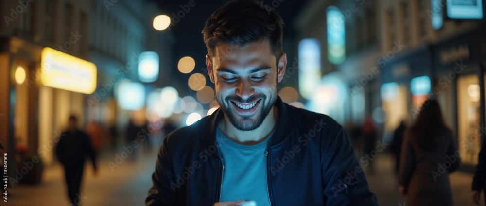Fototapeta premium A happy man enjoys engaging with his smartphone while strolling on a lively urban night street.
