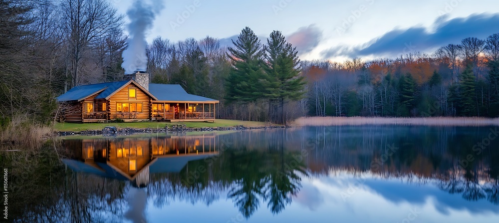 Naklejka premium A serene lakeside cabin at twilight, with smoke rising from the chimney, the water reflecting the evening sky, and pine trees surrounding the lake 