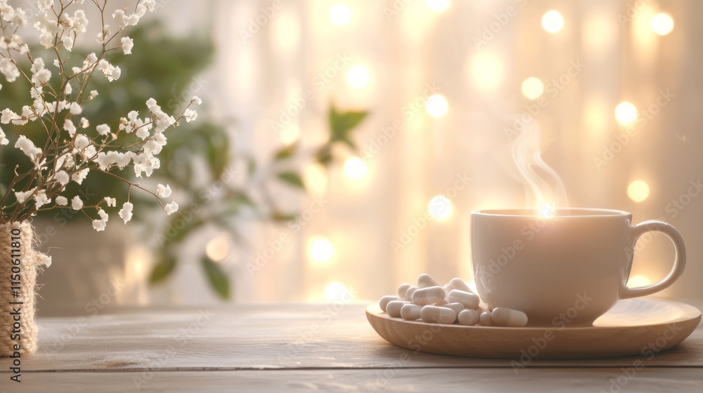 Serene Wellness Composition of Magnesium Glycinate Capsules and Herbal Tea in Soft Lighting for Relaxation Serene Wellness Composition of Magnesium Glycinate Capsules and Herbal Tea in Soft Lighting for Relaxation