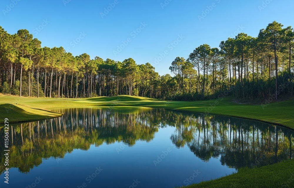 Fototapeta premium Serene Golf Course Water Reflection Amidst Tall Trees