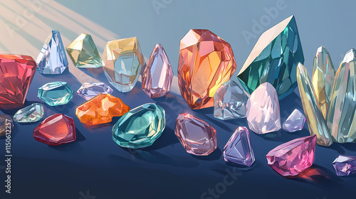 Colorful collection of gemstones arranged artfully on a surface, showcasing varied shapes and textures in an artistic display. Opal. Illustration
