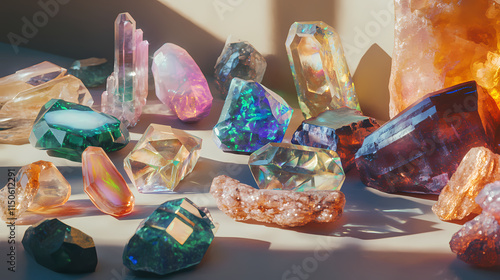 Colorful collection of gemstones arranged artfully on a surface, showcasing varied shapes and textures in an artistic display. Opal. Illustration