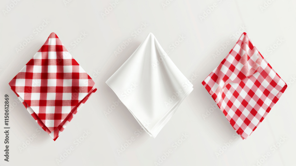 White empty and red gingham handkerchief mockup - realistic vector illustration set of folded cloth napkin or kitchen towel top view. Fabric textile tablecloth or restaurant serviette template. White empty and red gingham handkerchief mockup - realistic vector illustration set of folded cloth napkin or kitchen towel top view. Fabric textile tablecloth or restaurant serviette template.