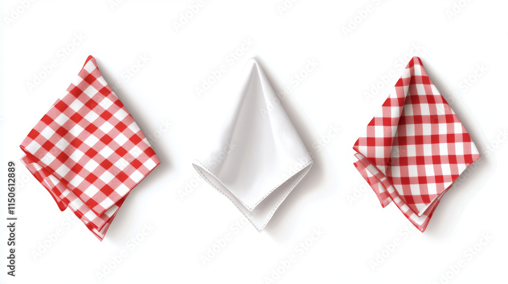 Obraz premium White empty and red gingham handkerchief mockup - realistic vector illustration set of folded cloth napkin or kitchen towel top view. Fabric textile tablecloth or restaurant serviette template.