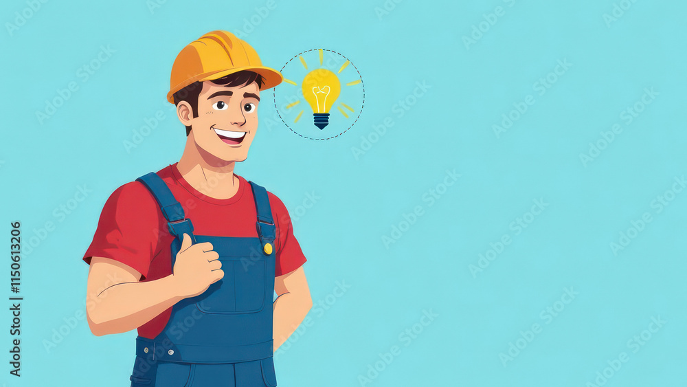 Repairman, smiling man in blue work overalls and red t-shirt looking at camera, drawn circle with idea yellow lamp inside circle flying around Repairman, smiling man in blue work overalls and red t-shirt looking at camera, drawn circle with idea yellow lamp inside circle flying around