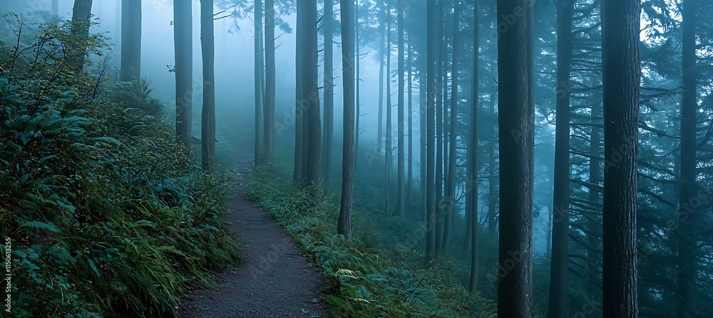 Obraz premium A serene morning in a foggy forest, with tall trees disappearing into the mist, a narrow trail leading deeper into the woods, and the sound of birdsong