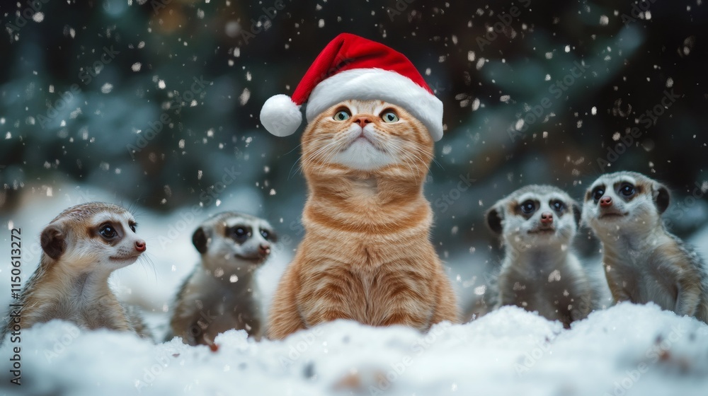 Ginger cat wearing santa hat and meerkats enjoying snowfall Ginger cat wearing santa hat and meerkats enjoying snowfall