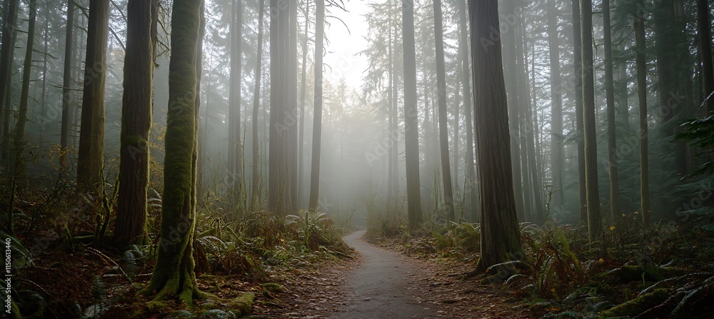 Obraz premium A serene morning in a foggy forest, with tall trees disappearing into the mist, a narrow trail leading deeper into the woods, and the sound of birdsong