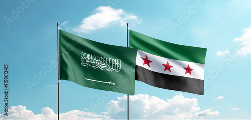 Sauudi Arabia and new Syria Arab Rebublic flag are waving in the sky photo