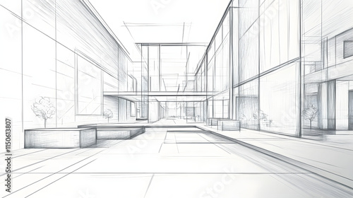 A refined hand sketch of a modern art gallery by a renowned architect.