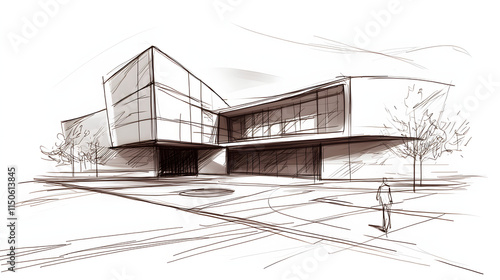 A refined hand sketch of a modern art gallery by a renowned architect.