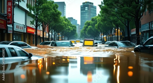 rainy city street, reflective puddles, yellow taxis, urban landscape, tree-lined avenue, neon signs, bokeh lights, wet asphalt, moody atmosphere, cinematic, vibrant colors, shallow depth of field, dra photo