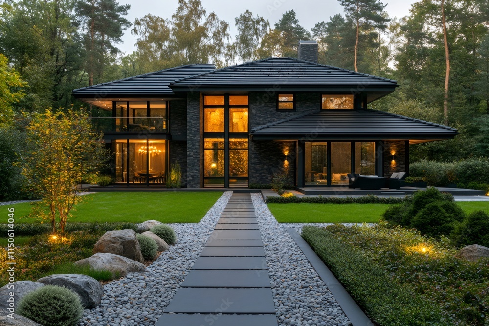 Modern luxury house exterior with illuminated garden and pathway at dusk Modern luxury house exterior with illuminated garden and pathway at dusk