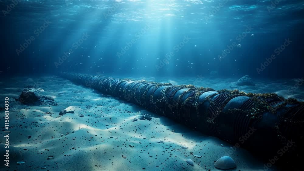 Natural gas or oil pipeline on bottom of sea, black pipe underwater ...