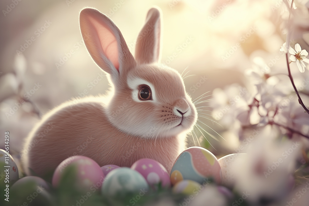 fluffy Easter bunny sitting next to colorful eggs, surrounded by blooming spring flowers fluffy Easter bunny sitting next to colorful eggs, surrounded by blooming spring flowers