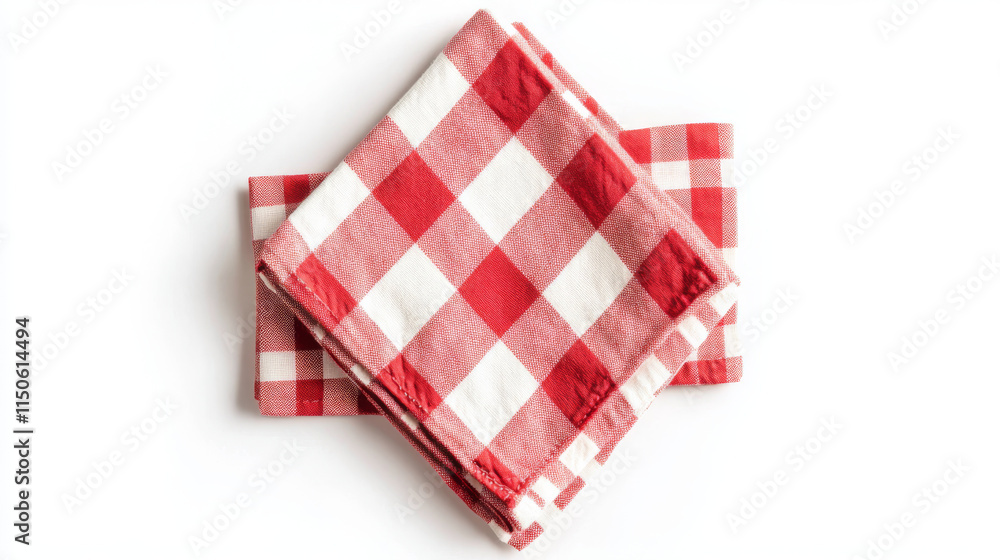 Red checkered napkin front view isolated on white background. Rustic chic style mockup perspective. Red checkered napkin front view isolated on white background. Rustic chic style mockup perspective.
