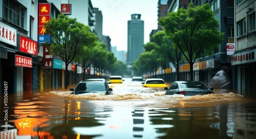 rainy city street, reflective puddles, yellow taxis, urban landscape, tree-lined avenue, neon signs, bokeh lights, wet asphalt, moody atmosphere, cinematic, vibrant colors, shallow depth of field, dra photo