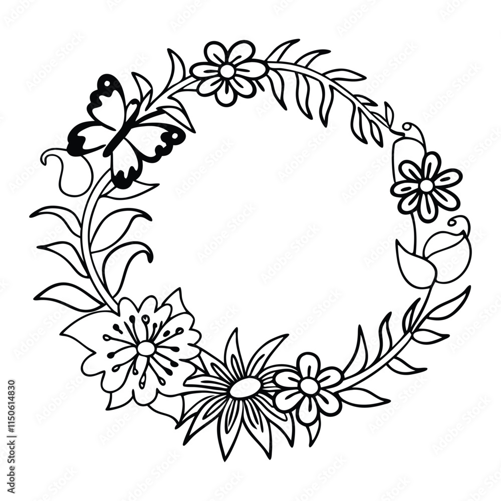 Intricate line art drawing of a circular floral wreath, featuring detailed leaves, flowers, grass, and a butterfly, Intricate line art drawing of a circular floral wreath, featuring detailed leaves, flowers, grass, and a butterfly,