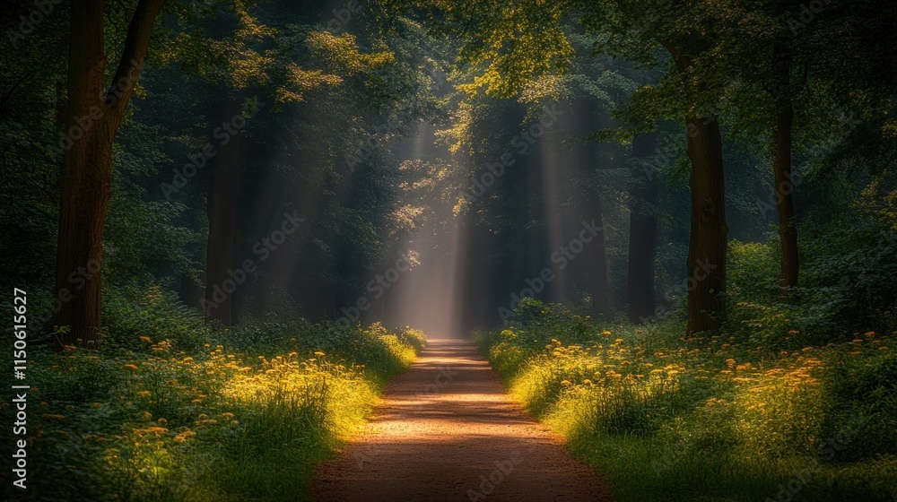 Obraz premium Sunbeams illuminate path through lush forest.