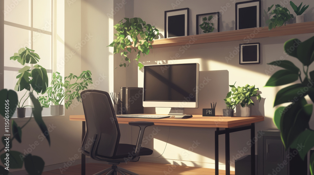 Empty office room with monitor on desk, chair, shelf with plants and black picture frames. Vector realistic interior of modern home workplace with computer screen and wooden table Empty office room with monitor on desk, chair, shelf with plants and black picture frames. Vector realistic interior of modern home workplace with computer screen and wooden table