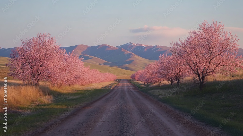Fototapeta premium A rural dirt road lined with blooming cherry blossom trees and a clear sky overhead.
