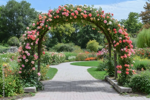 Beautiful rose archway framing a winding path in a lush garden