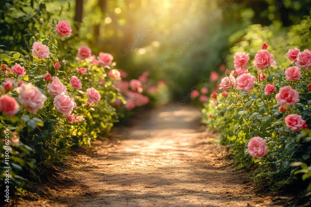 Beautiful garden path surrounded by blooming pink roses in golden sunlight Beautiful garden path surrounded by blooming pink roses in golden sunlight