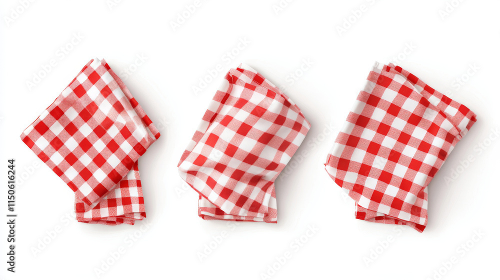 Traditional Red Chekered Kitchen Linen. Three Vector Photo Realistic Napkins Set Isolated On White Traditional Red Chekered Kitchen Linen. Three Vector Photo Realistic Napkins Set Isolated On White