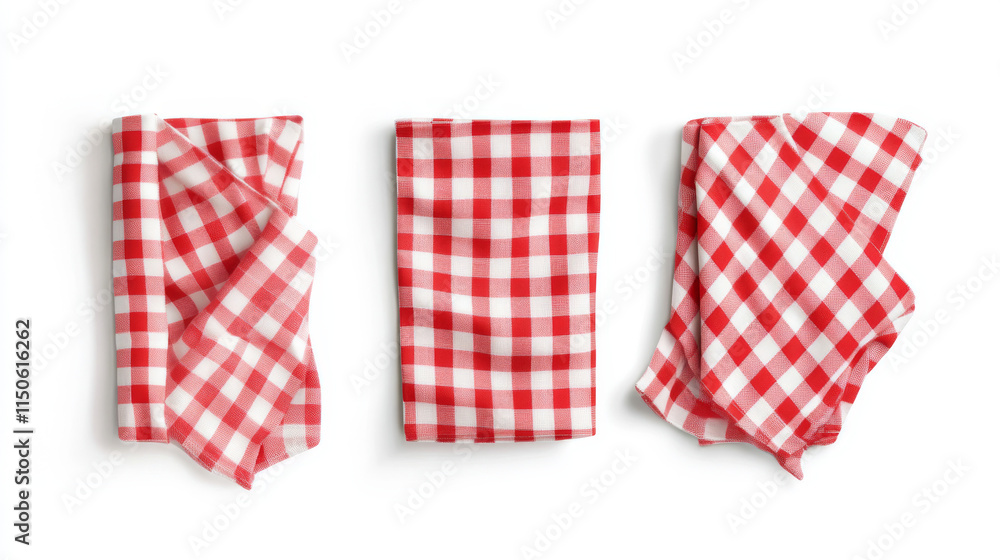 Fototapeta premium Traditional Red Chekered Kitchen Linen. Three Vector Photo Realistic Napkins Set Isolated On White