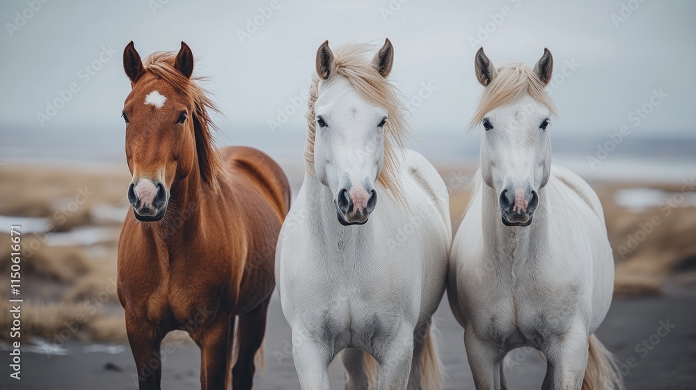 Three horses walking on a meadow by the sea Three horses walking on a meadow by the sea