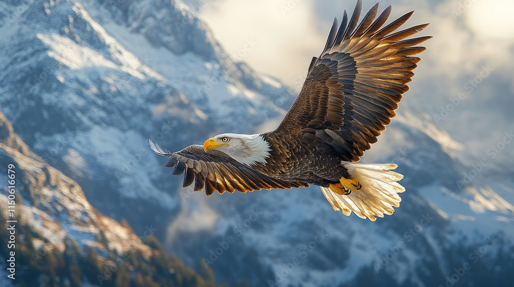 Majestic Bald Eagle in Flight over Snowy Mountains Majestic Bald Eagle in Flight over Snowy Mountains