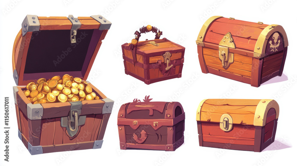 Chests with treasure, empty and full wooden box with golden coins, gem stones or crystals. Trophy trunks, game level reward. Pirate loot, fantasy assets, gui elements, Cartoon vector illustration, set Chests with treasure, empty and full wooden box with golden coins, gem stones or crystals. Trophy trunks, game level reward. Pirate loot, fantasy assets, gui elements, Cartoon vector illustration, set